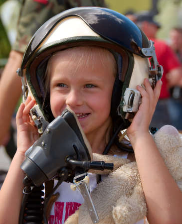 young girl in the pilot helmetの写真素材