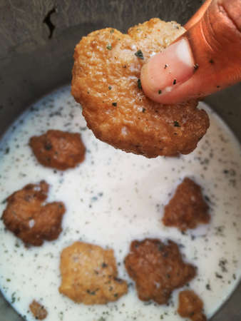 A delicious Indian dish called "Bada" poured with spicy curd with peppermint in itの写真素材