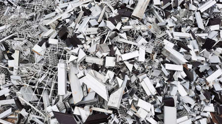 Pile of aluminium frames residue in a furniture workshop for recyclingの写真素材