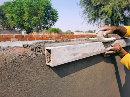 Professional mason building sharp edges of wall with construction toolsの写真素材