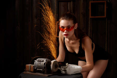 photo shoot of a beautiful girl in black lingerieの写真素材