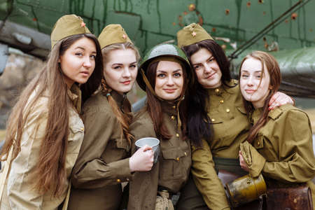 Lugansk, Ukraine - March 18, 2017: Pretty young girls in military uniformのeditorial素材