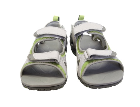 Pair of summer sandals isolated on white backgroundの写真素材