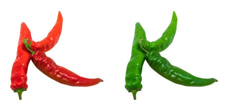 Letter K composed of green and red chili peppers  Isolated on white backgroundの写真素材