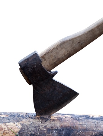 Axe in log isolated on white backgroundの写真素材