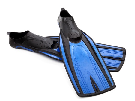 Two flippers for diving with water drops on white background の写真素材