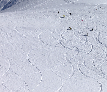 Snowboarder downhill on off piste slope. Caucasus Mountains, Georgia, ski resort Gudauri.の写真素材