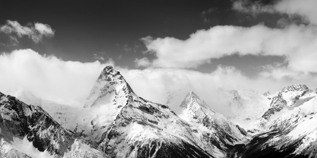 Black and white panoramic view on winter mountains in snow. Caucasus Mountains, region Dombay.の写真素材