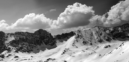 Black and white panorama of snowy mountains in sun day. Turkey, Central Taurus Mountains, Aladaglar (Anti-Taurus), plateau Edigel (Yedi Goller)の写真素材