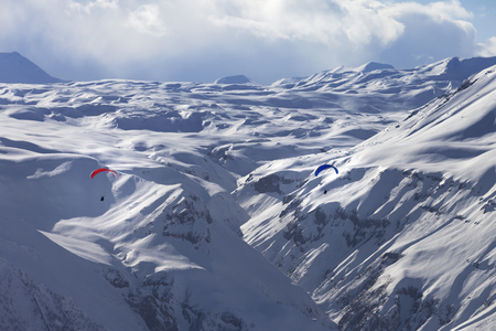 Speed riding in snowy mountains. Caucasus Mountains. Georgia, region Gudauri at winter.の写真素材