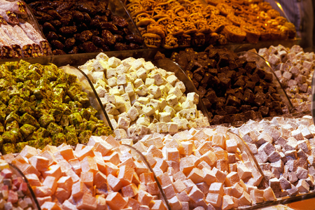Different traditional  Turkish delight on market Grand Bazaar in Istanbul, Turkey. Selective focus.の写真素材