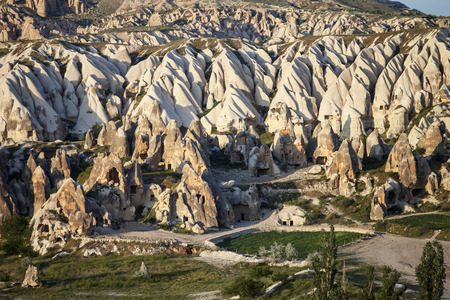 View of Cappadocia valley at sunny evening. Turkey, Goreme.の写真素材