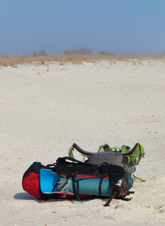 Two big backpacks with sleeping pad on sand beach at hot sun summer dayの写真素材