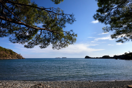 Calm bay and pebbly deserted beach with shadow from pine trees at warm sunny summer day. Mediterranean sea, Turkey. Wide angle view.の写真素材