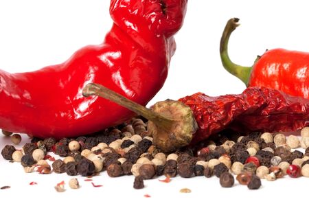 Various of hot peppers isolated on white background. Close-up view.の写真素材
