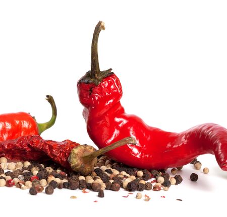 Various of hot peppers isolated on white background. Closeup view.の写真素材