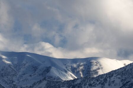 View on snowy mountains with forest and sunlight cloudy sky in sunny winter evening. Caucasus Mountains. Georgia, region Gudauri.の写真素材