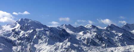 Panoramic view on snowy mountains in nice sunny winter day. Caucasus Mountains. Svaneti region of Georgia.の写真素材