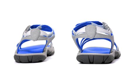 Blue summer sandals isolated on white background. Back view.の写真素材