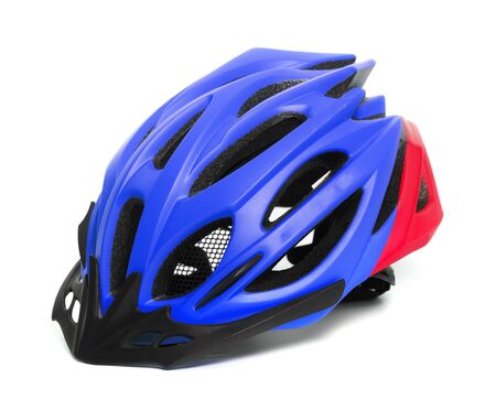 Blue with red bicycle helmet isolated on white backgroundの写真素材