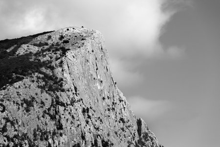 Summer high rocks with forest and cloudy sky. Top of Mount Kush-Kaya. Crimean, Ukraine. Black and white toned landscape.の写真素材