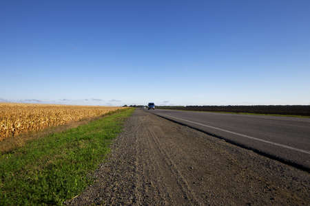 Asphalt road with cars and field of rye at sunny evening. Wide-angle view.の写真素材