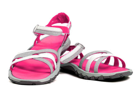 Pair of women summer sandals isolated on white background with shadow.の写真素材