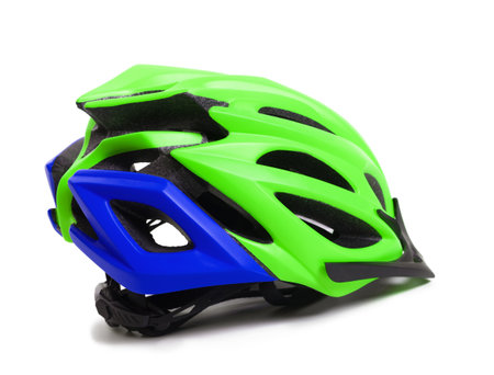 Multicolor bicycle helmet isolated on white background with shadowの写真素材