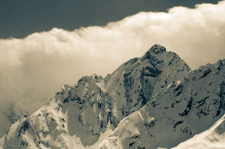 High winter snowy mountains in clouds. Caucasus Mountains, region Dombay. Retro color toned landscape.の写真素材