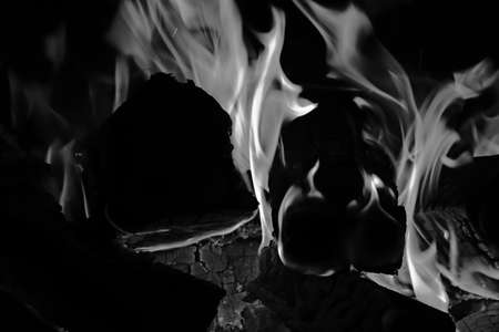 Fireplace with burning wood and forks of flame. Close-up view. Black and white toned image.の写真素材