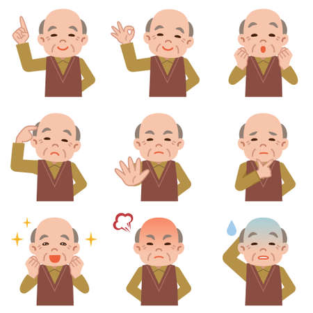 Set of Senior man facial expressions on white backgroundのイラスト素材