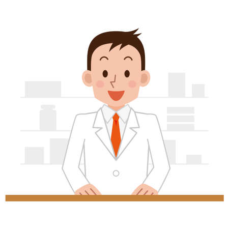 Young pharmacist chemist man working in pharmacy drugstore with prescriptionのイラスト素材