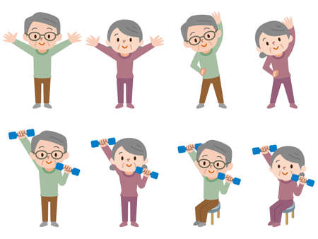 Set of old couples doing dumbbell exercisesのイラスト素材