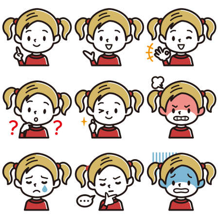 Set of girl's facial illustration.Blonde boy character.のイラスト素材