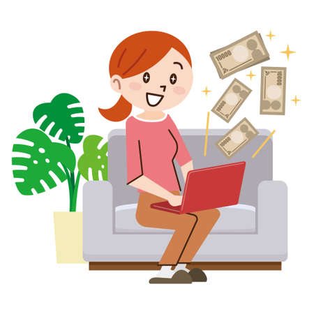 Young woman with laptop and money in great online businessのイラスト素材