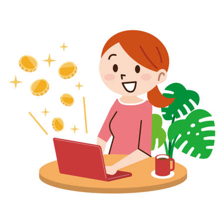 Young woman with laptop and money in great online businessのイラスト素材