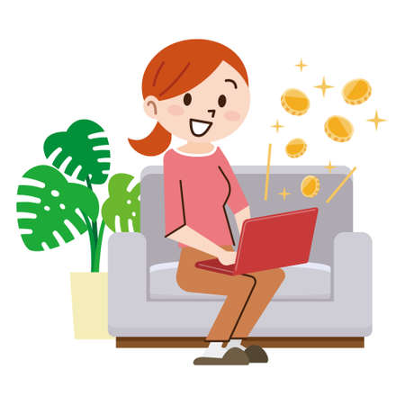 Young woman with laptop and money in great online businessのイラスト素材