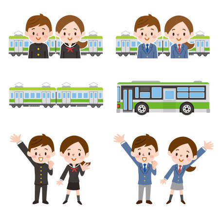 set of illustration of men and women going to schoolのイラスト素材