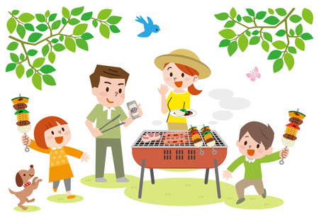 Family on vacation having barbecueのイラスト素材