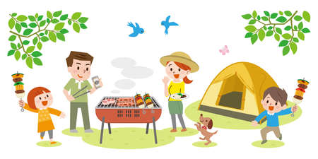 Illustration of family enjoying barbecue outdoorsのイラスト素材