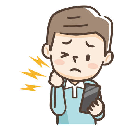 Shot of a tired young male with neck pain holding his cellphoneのイラスト素材