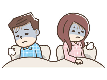 Asian couples quarrel sit in bed ,they argue not to talk to each other. They are unhappyのイラスト素材