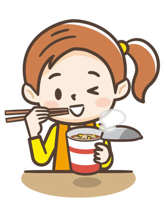 Cute girl eating cup ramenのイラスト素材