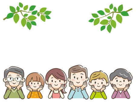 Happy Family Members Sitting Side by Side with Hands on Chin.のイラスト素材
