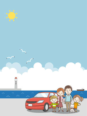 Family standing at the red car. Blue sky and sea backgroundのイラスト素材