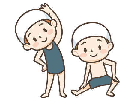 The smiling children who came to swimwear are stretchingのイラスト素材