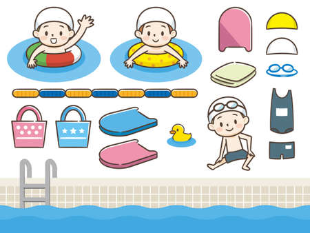 Set of Swimsuit smiling kids, swimmingのイラスト素材