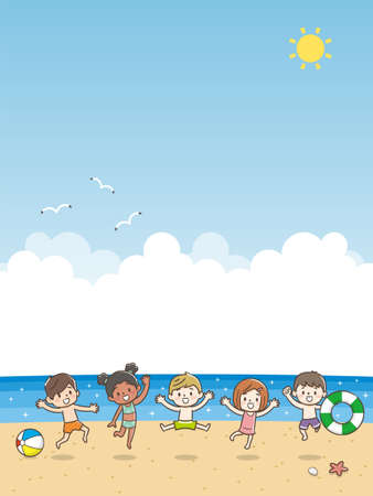 Kids jumping on the beachのイラスト素材