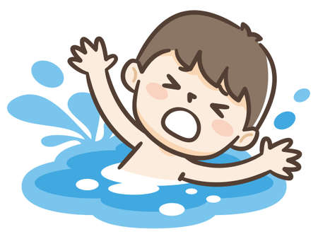 Young boy drowning in water. Emergency situation, accident concept. Vector flat illustrationのイラスト素材