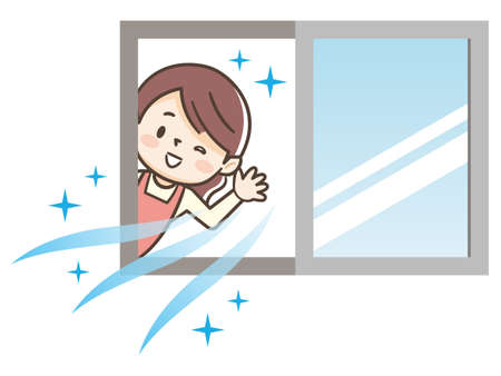 Illustration of woman opening a window to ventilateのイラスト素材
